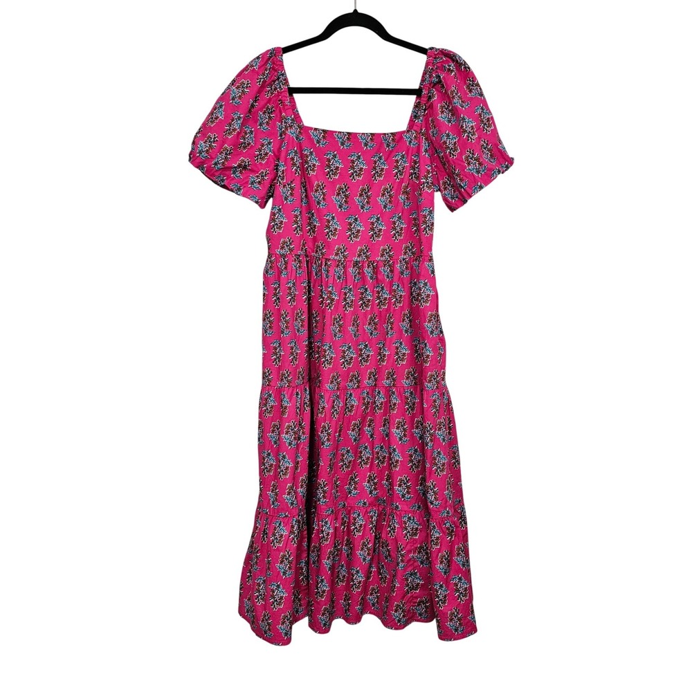J.Crew 12 Pink Floral Puff Sleeve Midi Dress Tiered Smocked Pockets Boho Nap